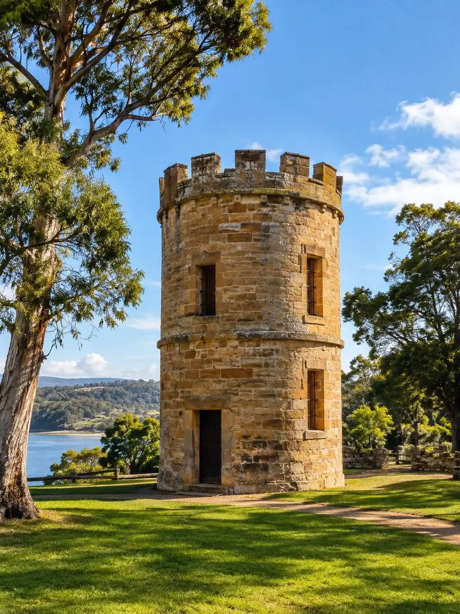 The sandstone Guard Tower at Port Arthur in warm afternoon light