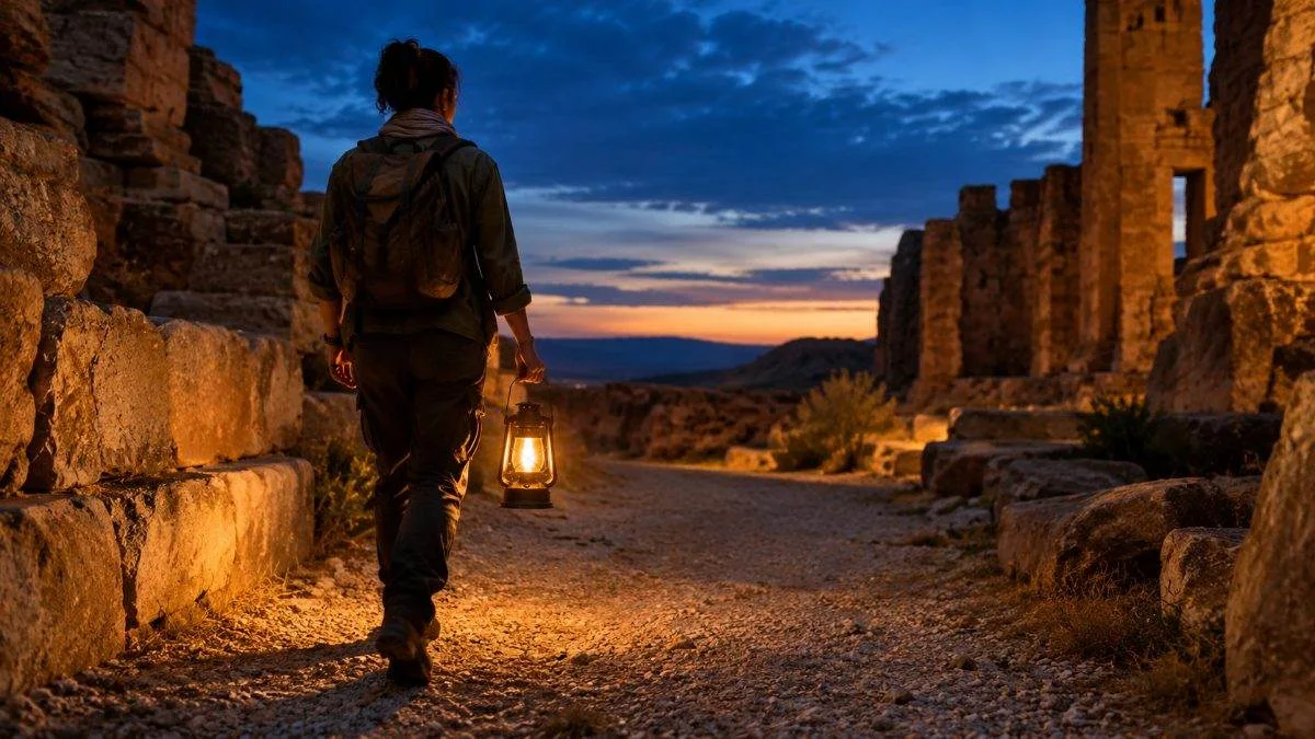 A lantern glowing on a gravel path in blue twilight