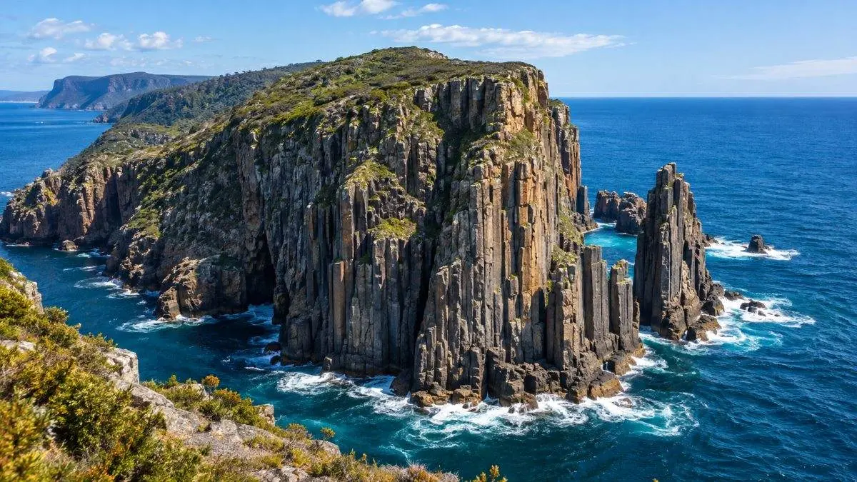 Tall dolerite columns of Cape Raoul rising from the sea