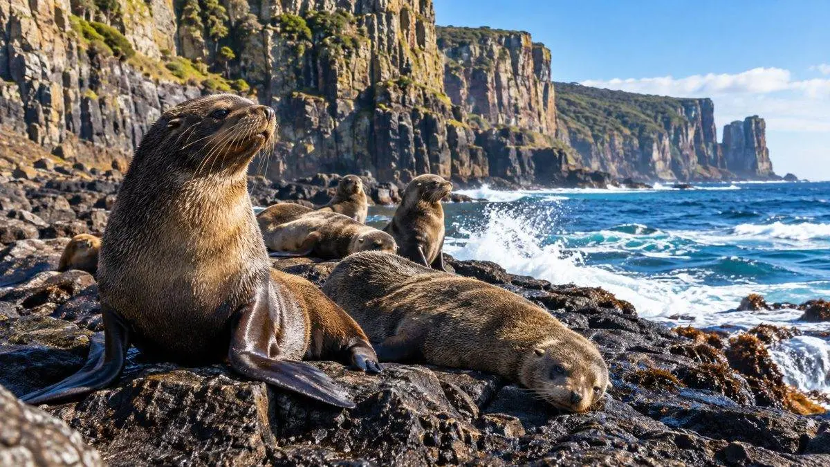 Australian fur seals resting on dark rocks at the base of the sea cliffs
