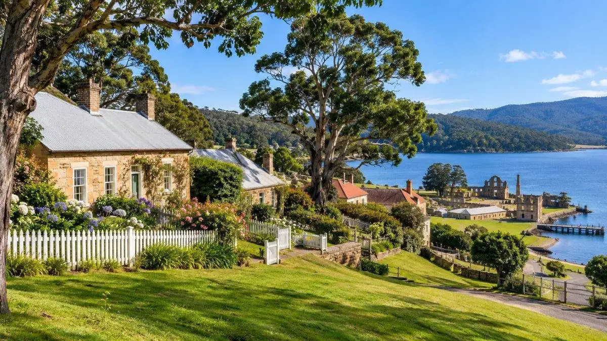 Restored colonial houses and gardens on the hillside above the harbour at Port Arthur
