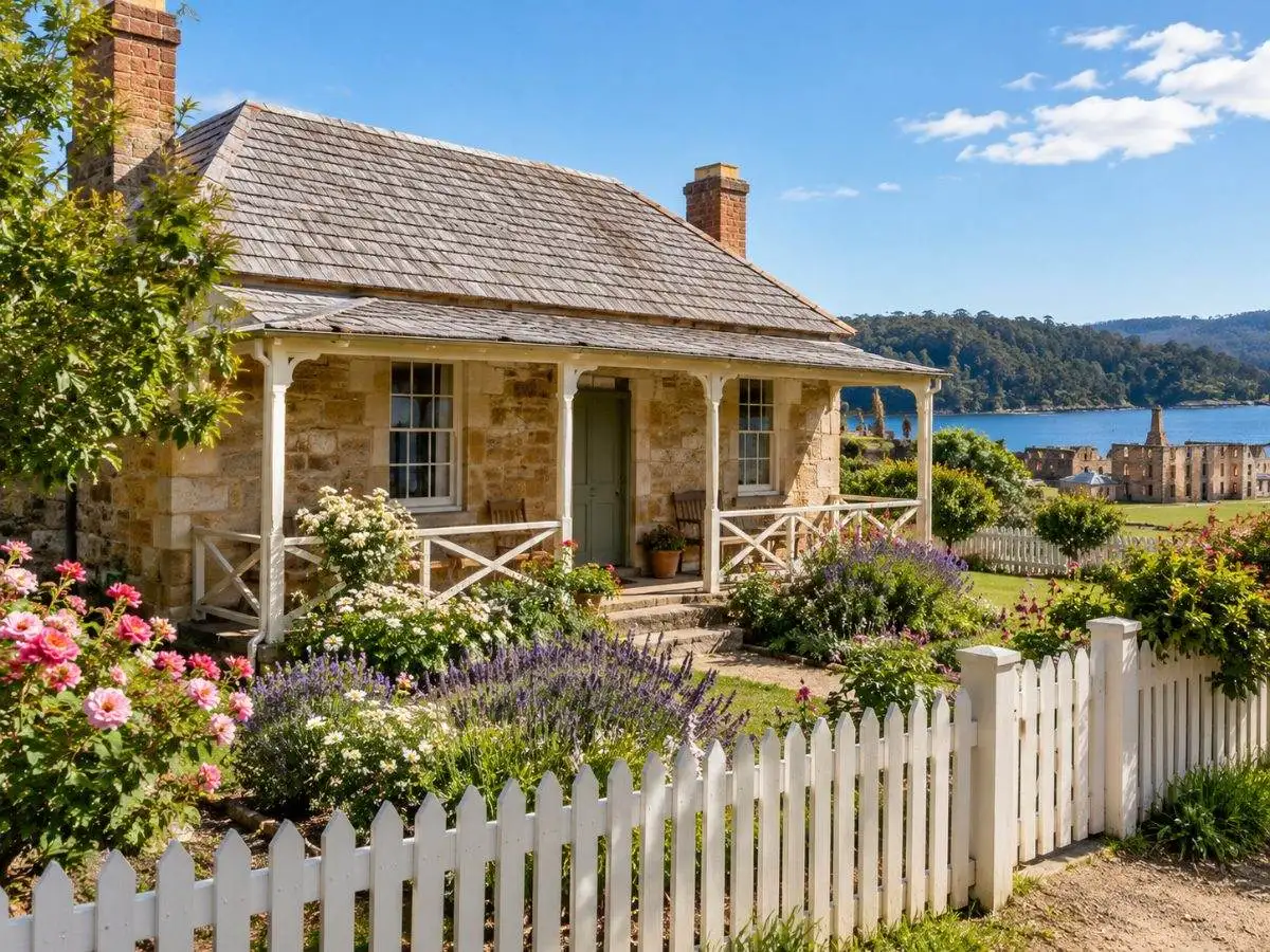 A restored colonial cottage with a picket fence and garden at Port Arthur