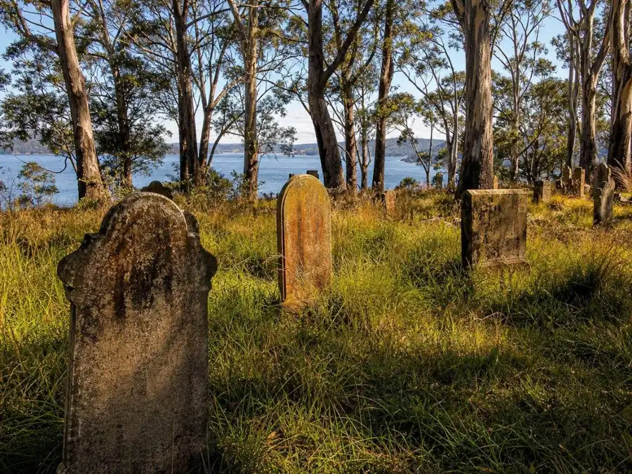 Weathered headstones among grass and trees on the Isle of the Dead
