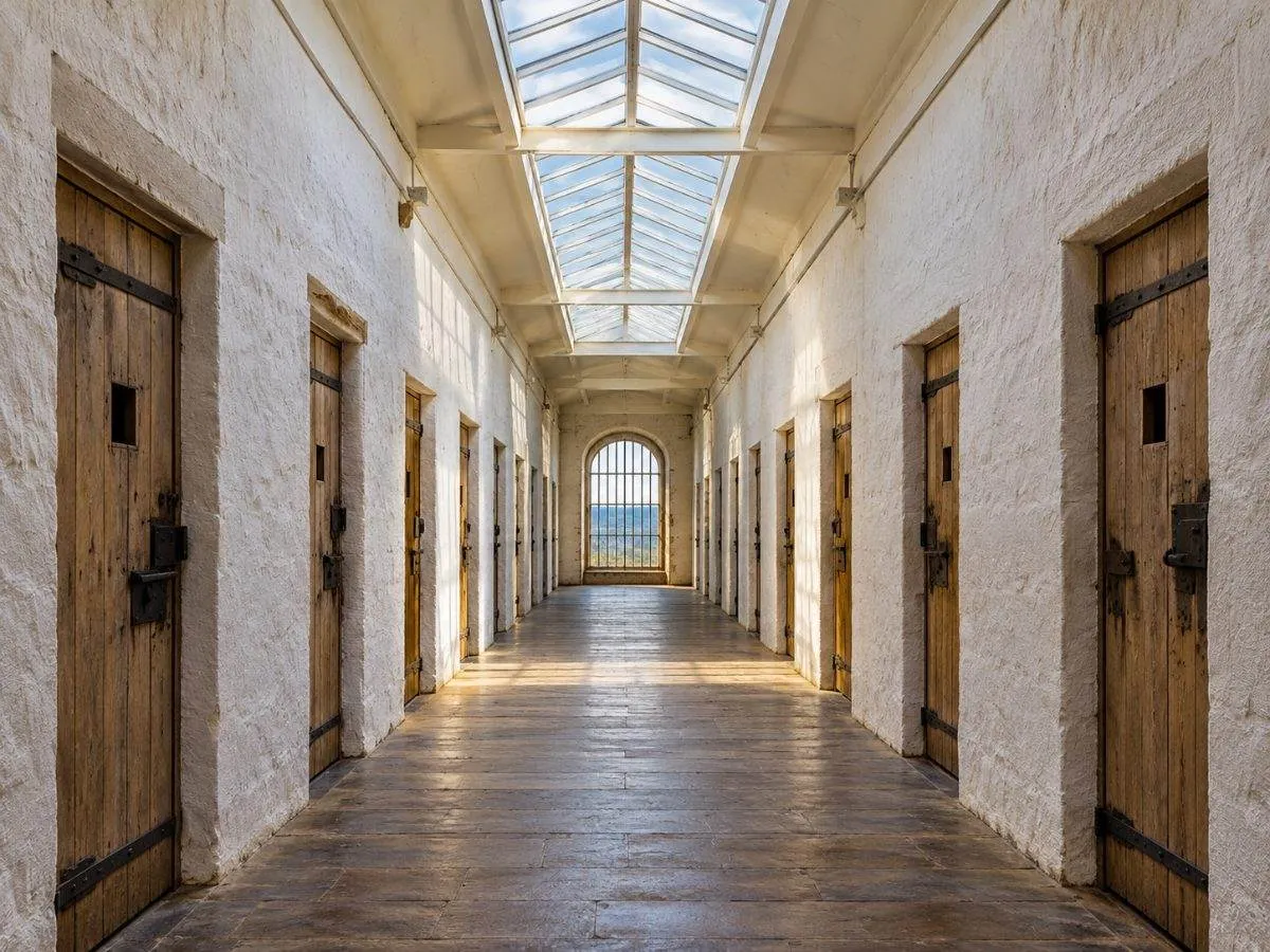 A long, narrow corridor of cell doors inside the Separate Prison at Port Arthur